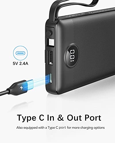 VRURC 10000mAh Power Bank With Built in Cables,USB C Battery Pack Portable Charger with 5 Outputs 2 Inputs Powerbank LED Display compatible with iPhone 14 13 12 Samsung S21 S20 Xiaomi