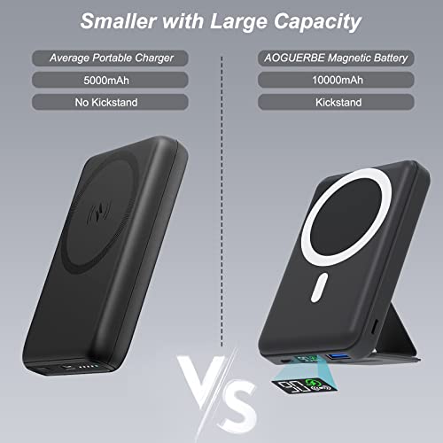 Magnetic Power Bank 10000mAh, AOGUERBE Wireless Portable Charger, Mag-safe Battery Pack Powerbank with stand Fast Charging USB-C Compatible with MagSafe for iPhone 15/14/13/12/Pro/Pro Max