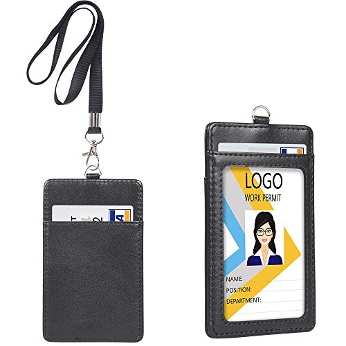 Teskyer Card Holder with Lanyard, ID Badge Holder with Clear Window and Holds 2 Cards, PU Leather Vertical Badge Holder for ID Cards, Offices, Schools, Bus Passes, Black