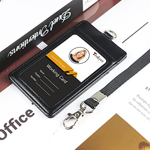 Teskyer Card Holder with Lanyard, ID Badge Holder with Clear Window and Holds 2 Cards, PU Leather Vertical Badge Holder for ID Cards, Offices, Schools, Bus Passes, Black