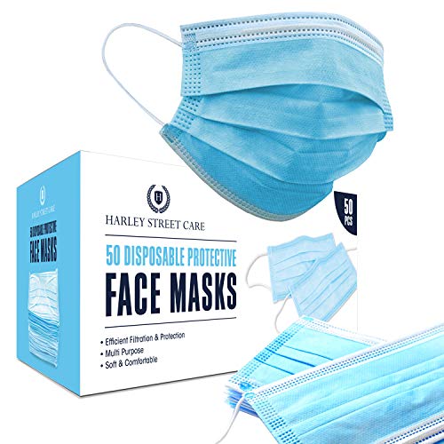 Harley Street Care Disposable Blue Face Masks Protective 3 Ply Breathable Triple Layer Mouth Cover with Elastic Earloops (Pack of 100)