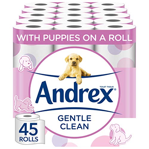 Andrex Gentle Clean Toilet Rolls - 45 Toilet Roll Pack - Bulk Buy Toilet Rolls - Gentle and Soft on Your Family's Skin - Dermatologically Tested - Abrams Healthcare