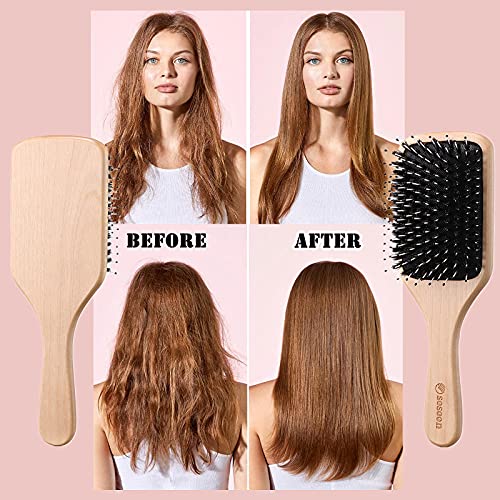 Hair Brush, Sosoon Boar Bristle Paddle Hairbrush for Long Thick Curly Wavy Dry or Damaged Hair, Reducing Hair Breakage and Frizzy No More Tangle, Giftbox & Hair Comb Included