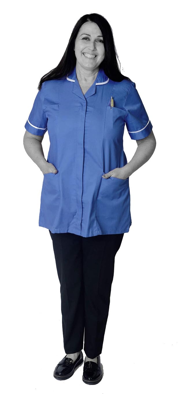 Skywear T66 Healthcare and Beauty Tunics Woman Girls Ladies Tops Office Uniform Shirts, Metro Blue with White, 20