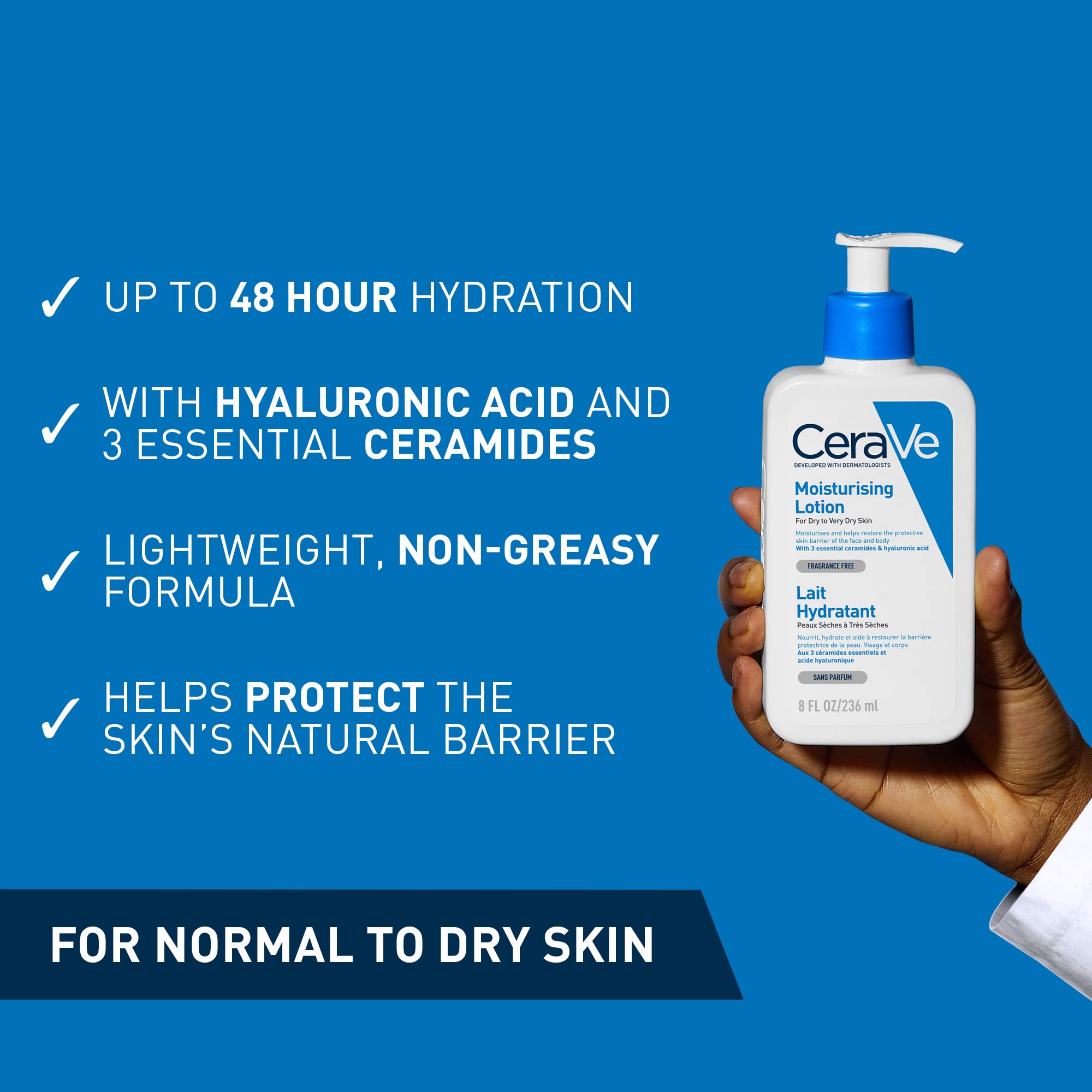 CeraVe Moisturising Lotion, with hyaluronic acid and 3 essential ceramides, Daily Face & Body Moisturiser for Dry to Very Dry Skin (Packaging may vary) 236 ml (Pack of 1)