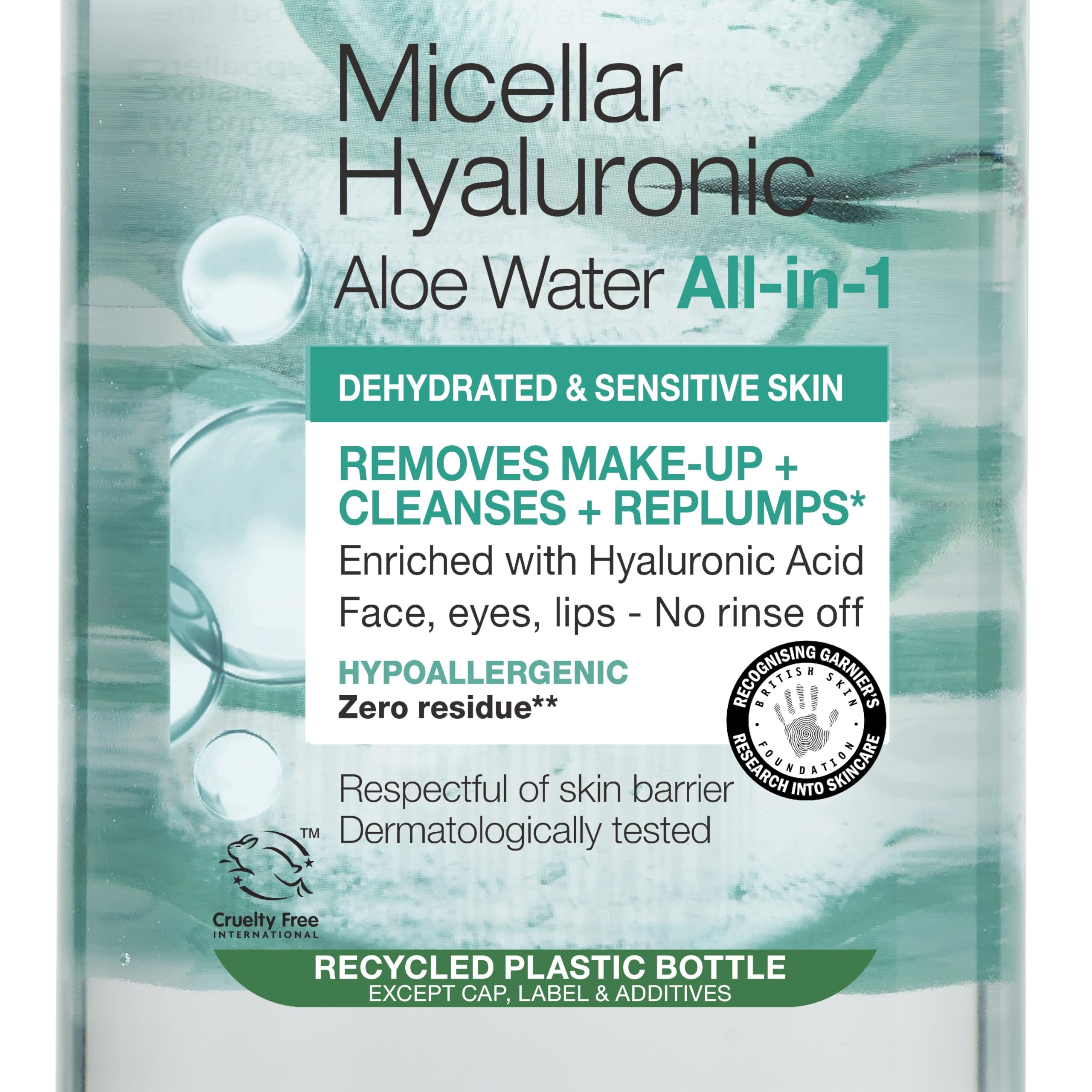 Garnier Micellar Hyaluronic Aloe Cleansing Water For Dehydrated Skin 400ml, Replumping Cleanser & Makeup Remover, Recognised By The British Skin Foundation, Use With Reusable Micellar Eco Pads